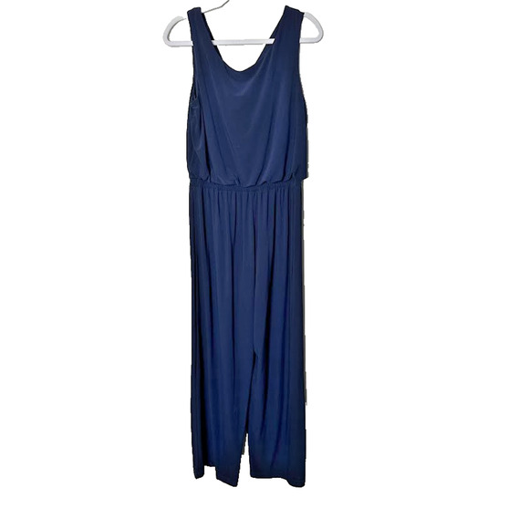 Emma & Michelle Navy Blue Jumpsuit Large Wide Leg Tie Waist Drape Office Stretch - Picture 3 of 5